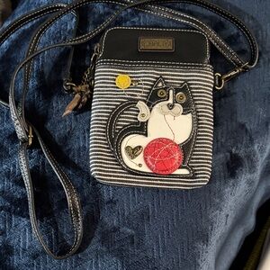 Chala Striped Crossbody Bag with Cat and Yarn Design